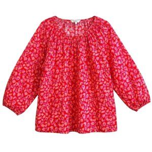 Tucker Silk Blend Smocked Blouse Coral Hugs & Kisses Print L Designer